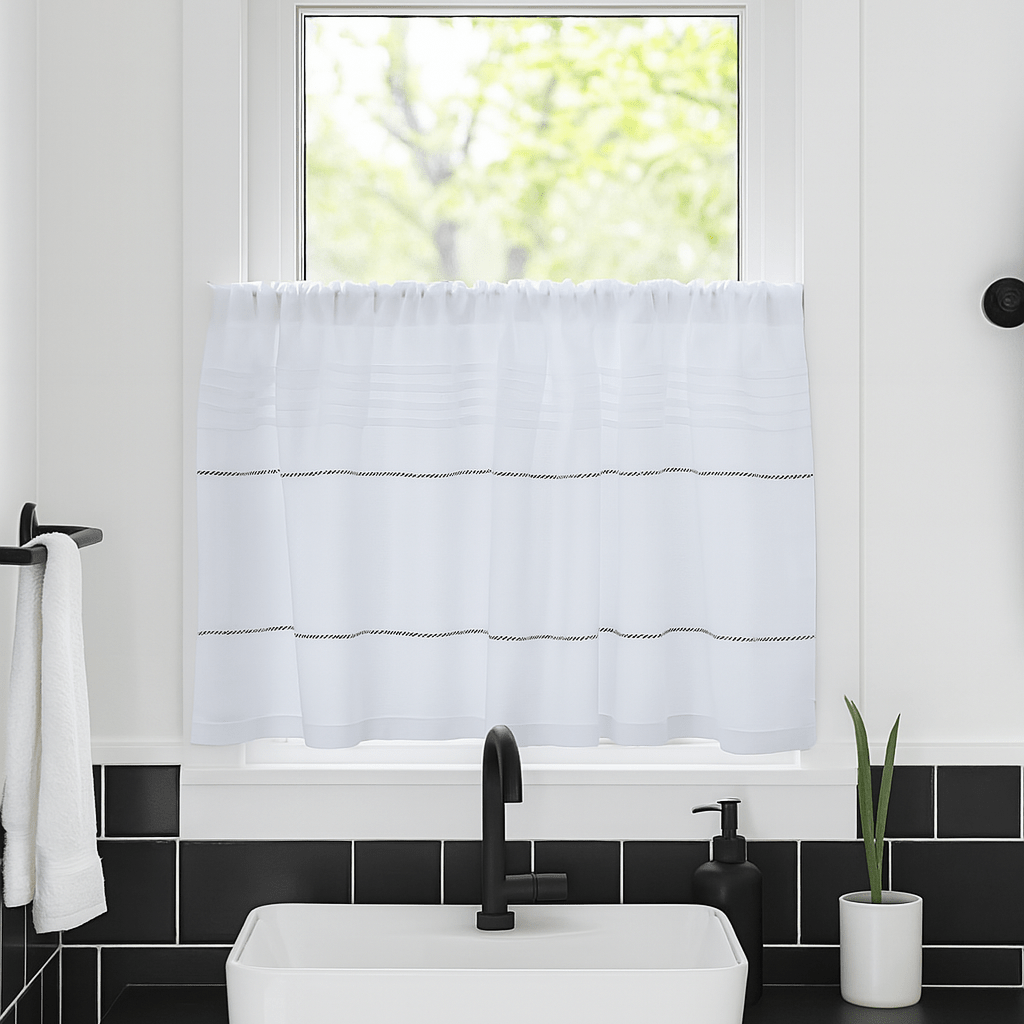 Culcheth White Linen Cafe Curtain with coloured Decorative Stitching - Linen and Letters