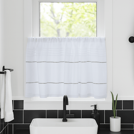 Culcheth White Linen Cafe Curtain with coloured Decorative Stitching - Linen and Letters