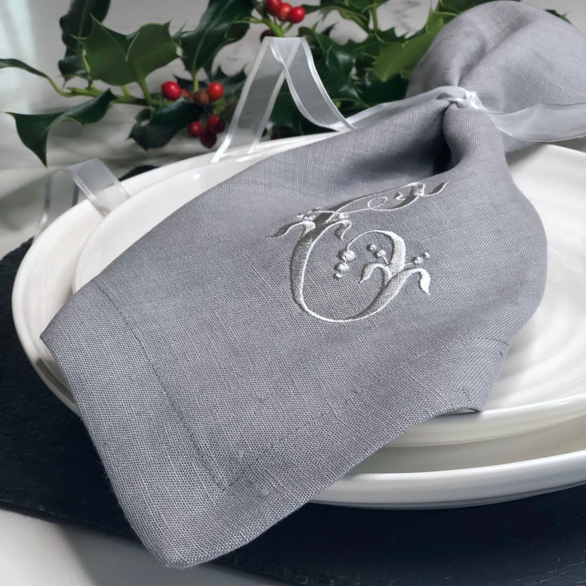 Monogram Embroidered Grey Linen Napkins For Anniversary