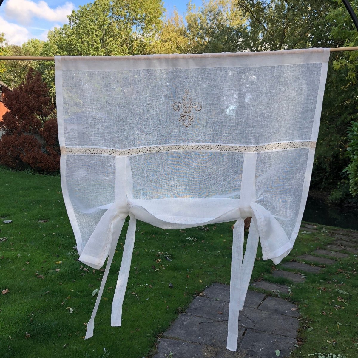 Bewsey Sheer Fleur de Lis Ivory Linen Tie Up Curtain - Linen and Letters