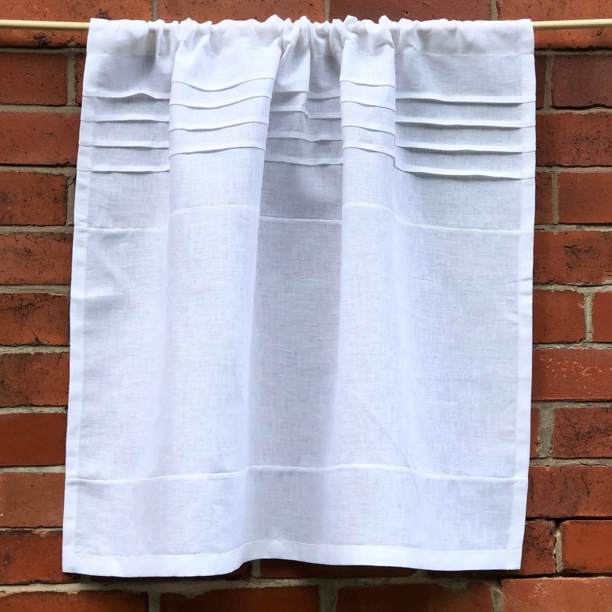 Custom 100% white Linen Appleton Cafe curtains x 2 with white CIAO and OPA embroideries respectfully - Linen and Letters