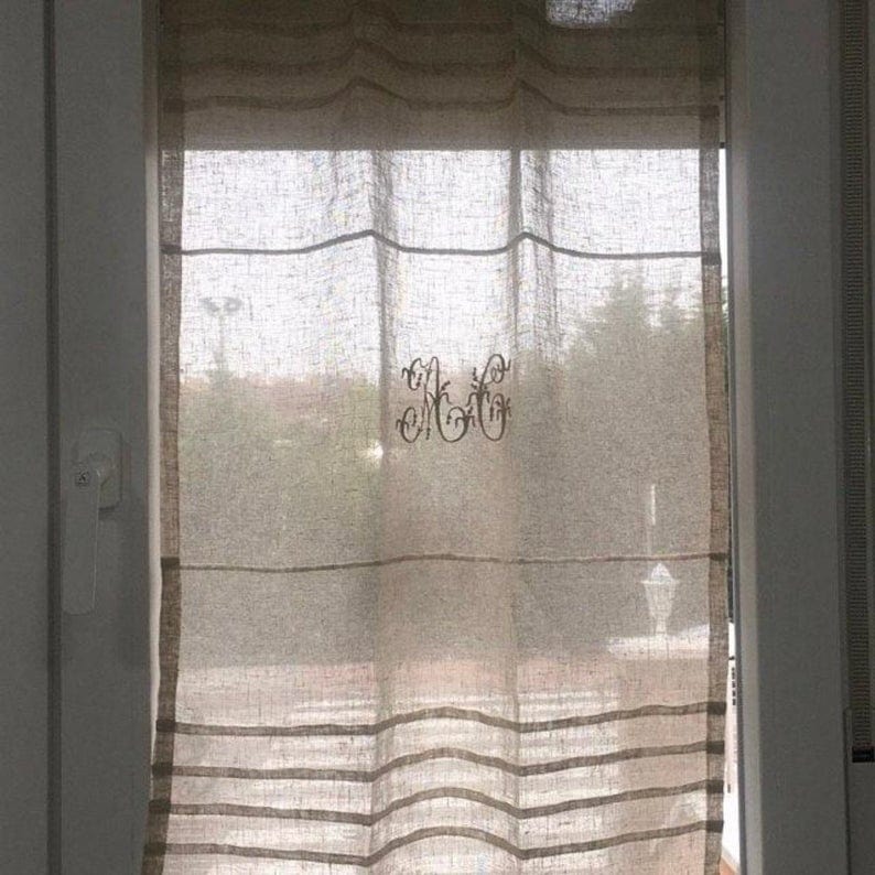 Daresbury Sheer Natural Linen Monogram Sidelight Door Curtain - Linen and Letters