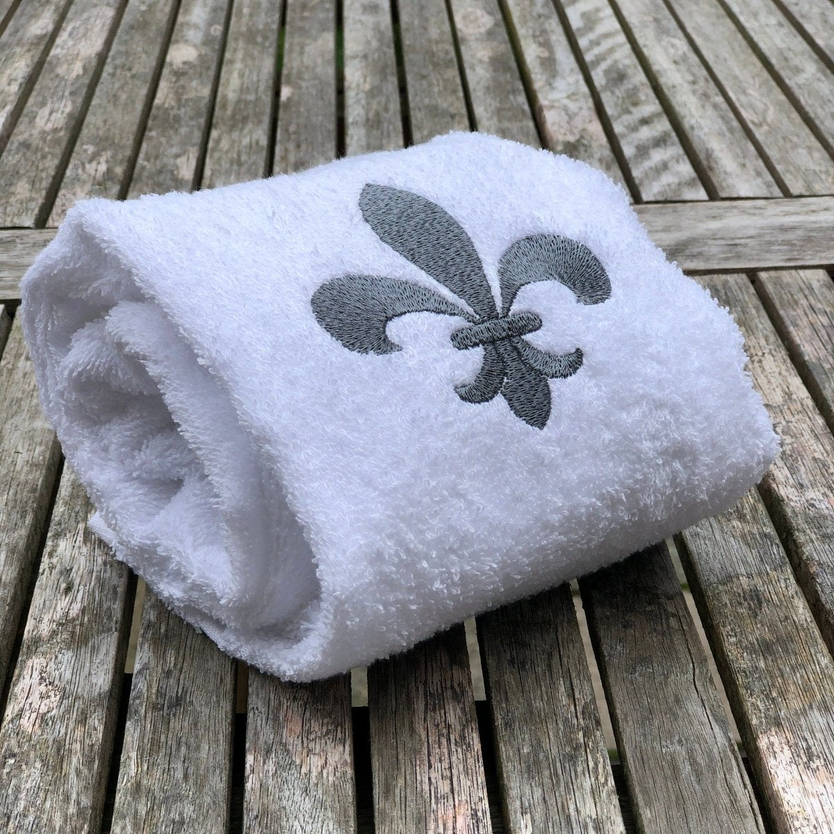 French Fleur de Lis Embroidered White Hand Towel - Linen and Letters
