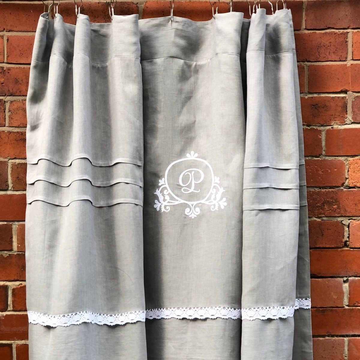 Grey Linen Lace Monogram Shower Curtain - Linen and Letters