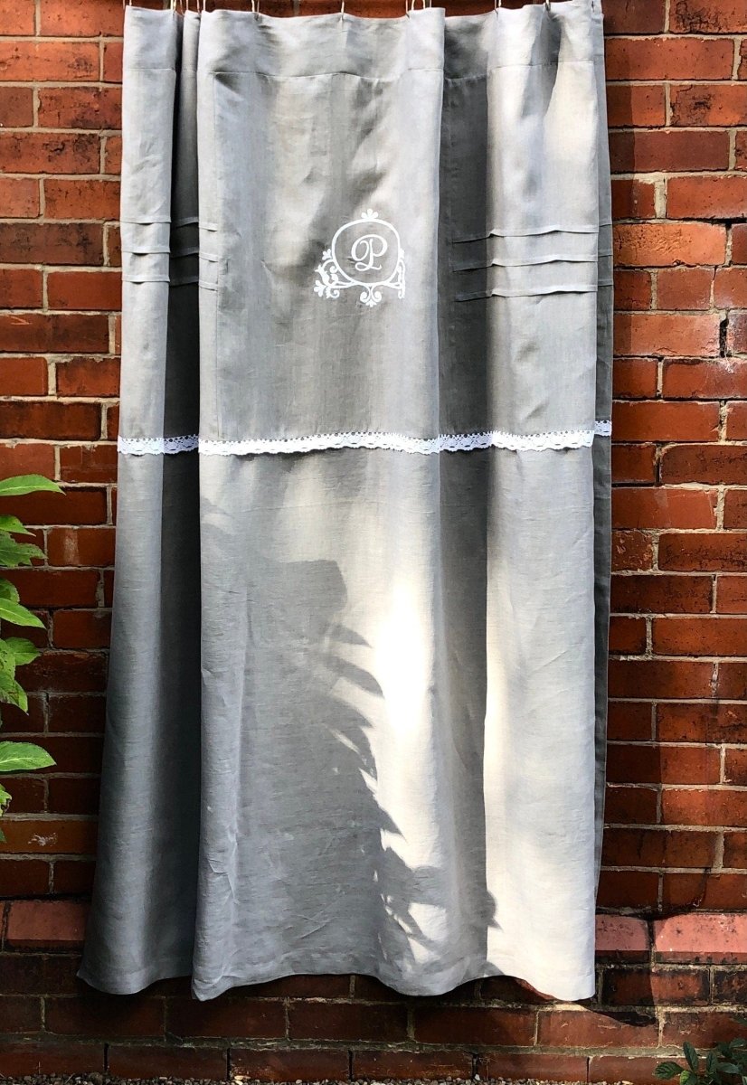 Grey Linen Lace Monogram Shower Curtain - Linen and Letters