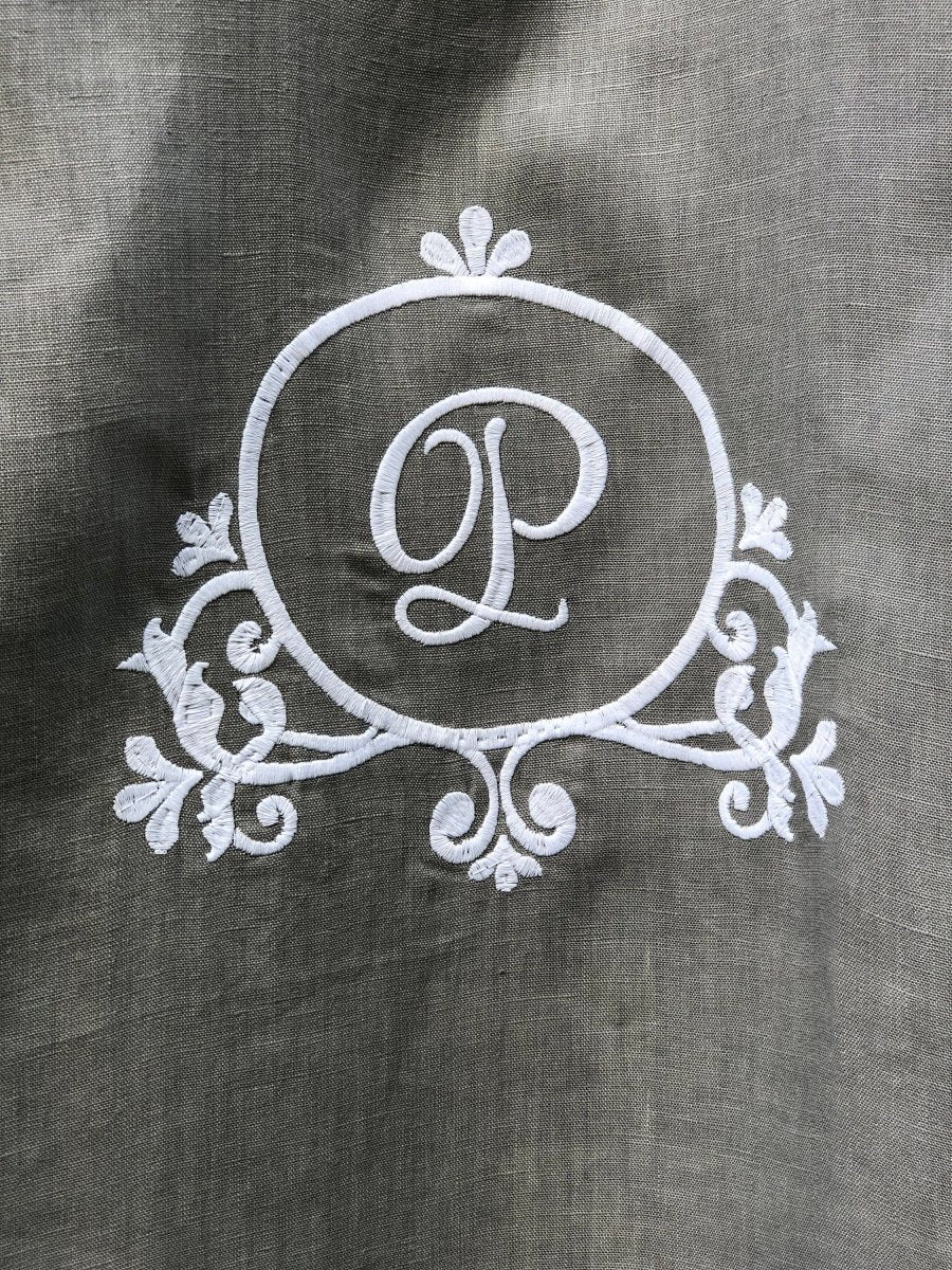 Grey Linen Lace Monogram Shower Curtain - Linen and Letters