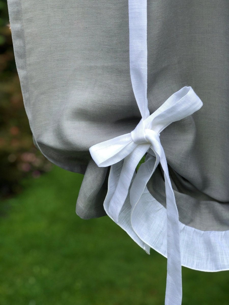 Grey White Linen Ruffle Tie Up Curtain - Linen and Letters
