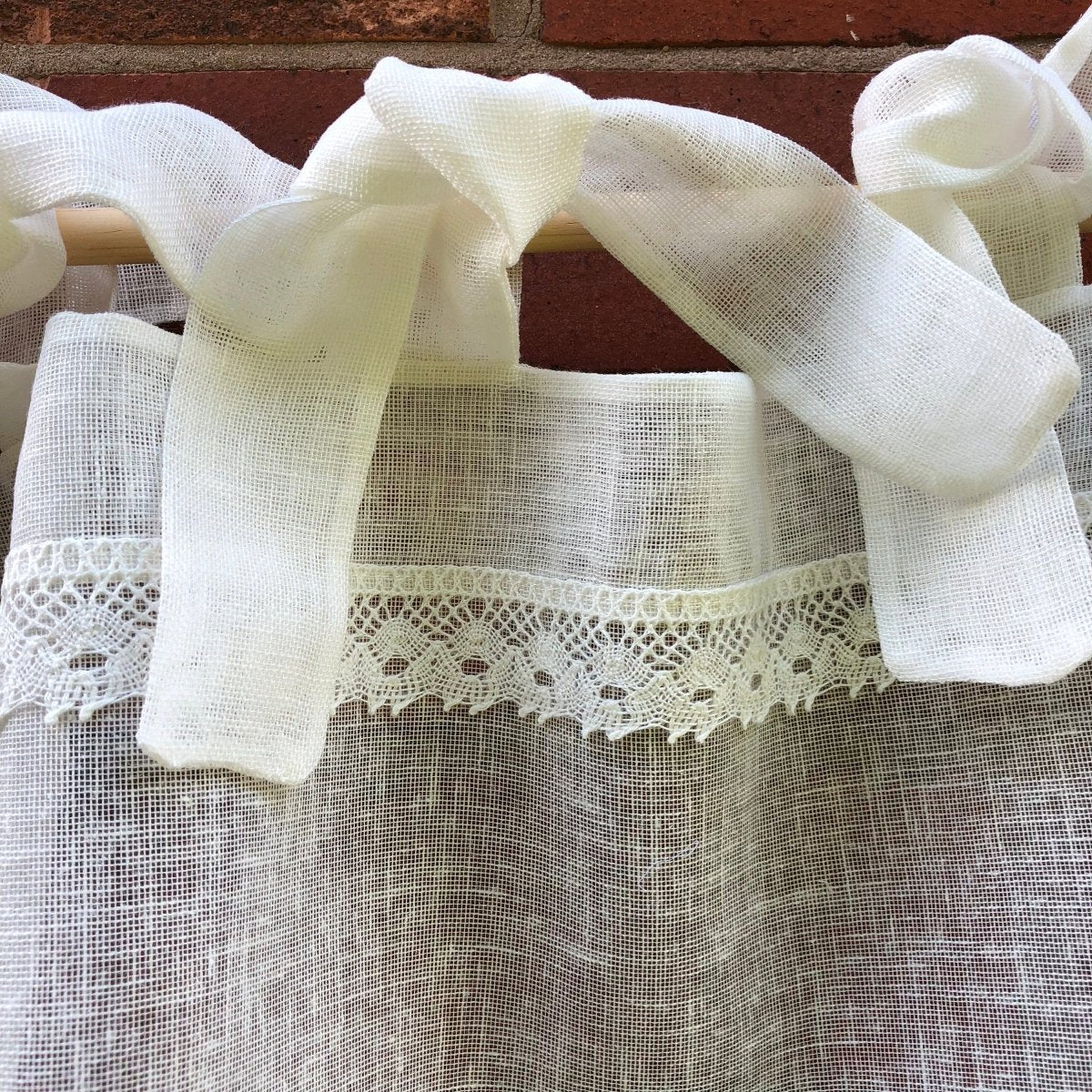 Ivory Cream Sheer Linen Lace Pompom Cafe Curtain - Linen and Letters
