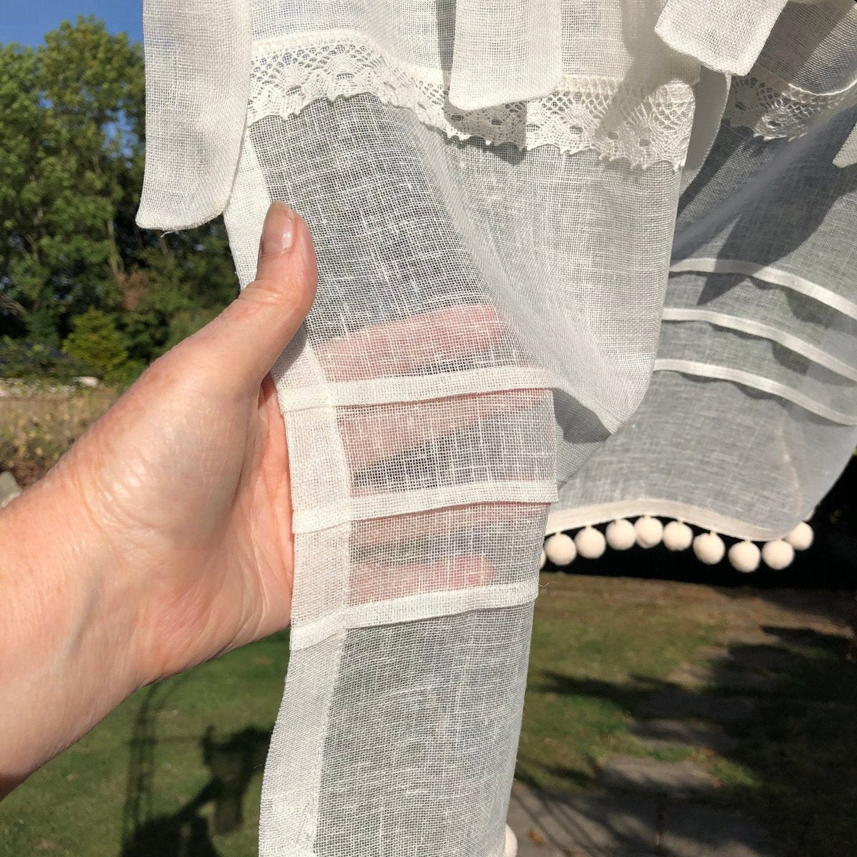 Ivory Cream Sheer Linen Lace Pompom Cafe Curtain - Linen and Letters