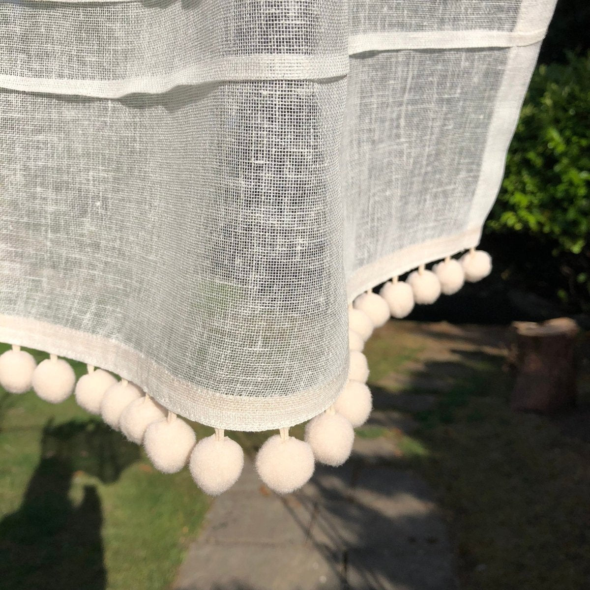 Ivory Cream Sheer Linen Lace Pompom Cafe Curtain - Linen and Letters