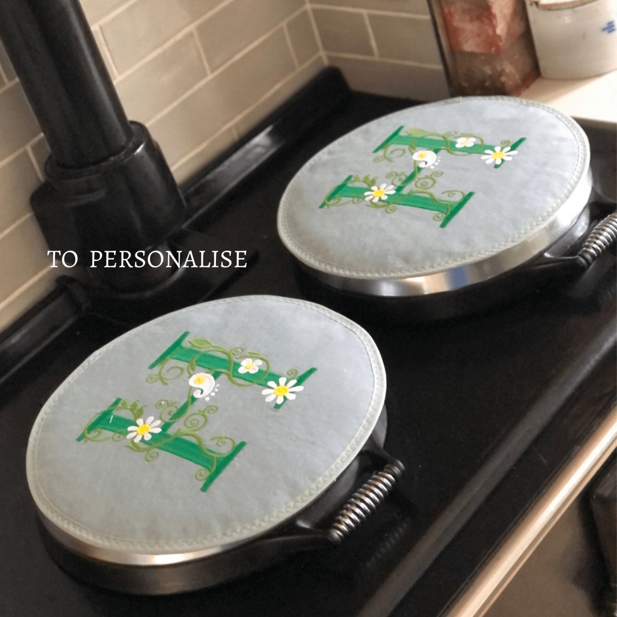 Pair Grey with Green Yellow Floral Monogram Embroidered Aga Chef pads - Linen and Letters
