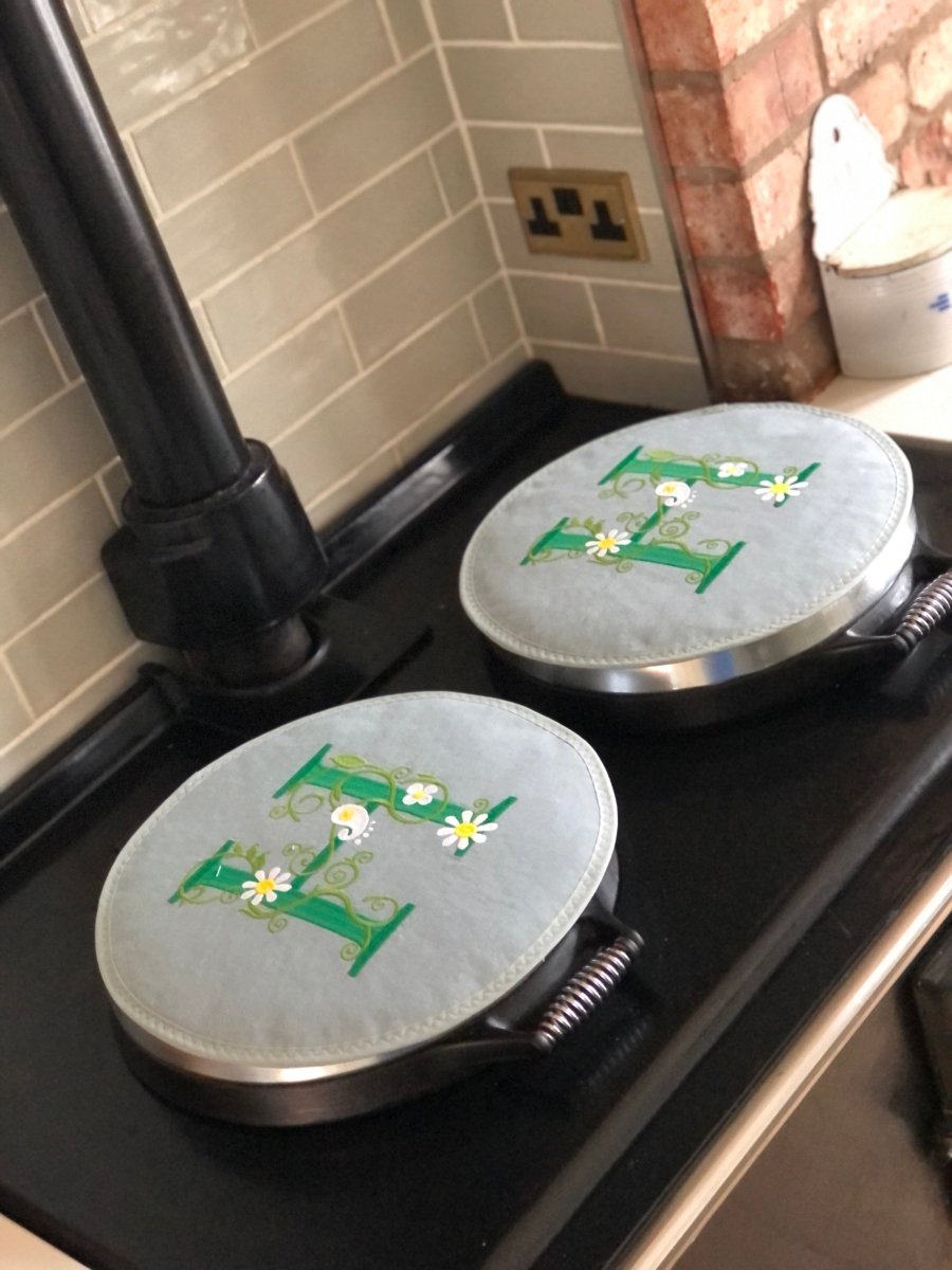 Pair Grey with Green Yellow Floral Monogram Embroidered Aga Chef pads - Linen and Letters