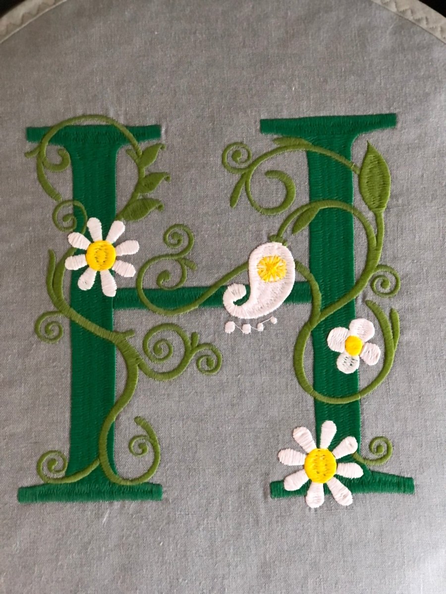 Pair Grey with Green Yellow Floral Monogram Embroidered Aga Chef pads - Linen and Letters