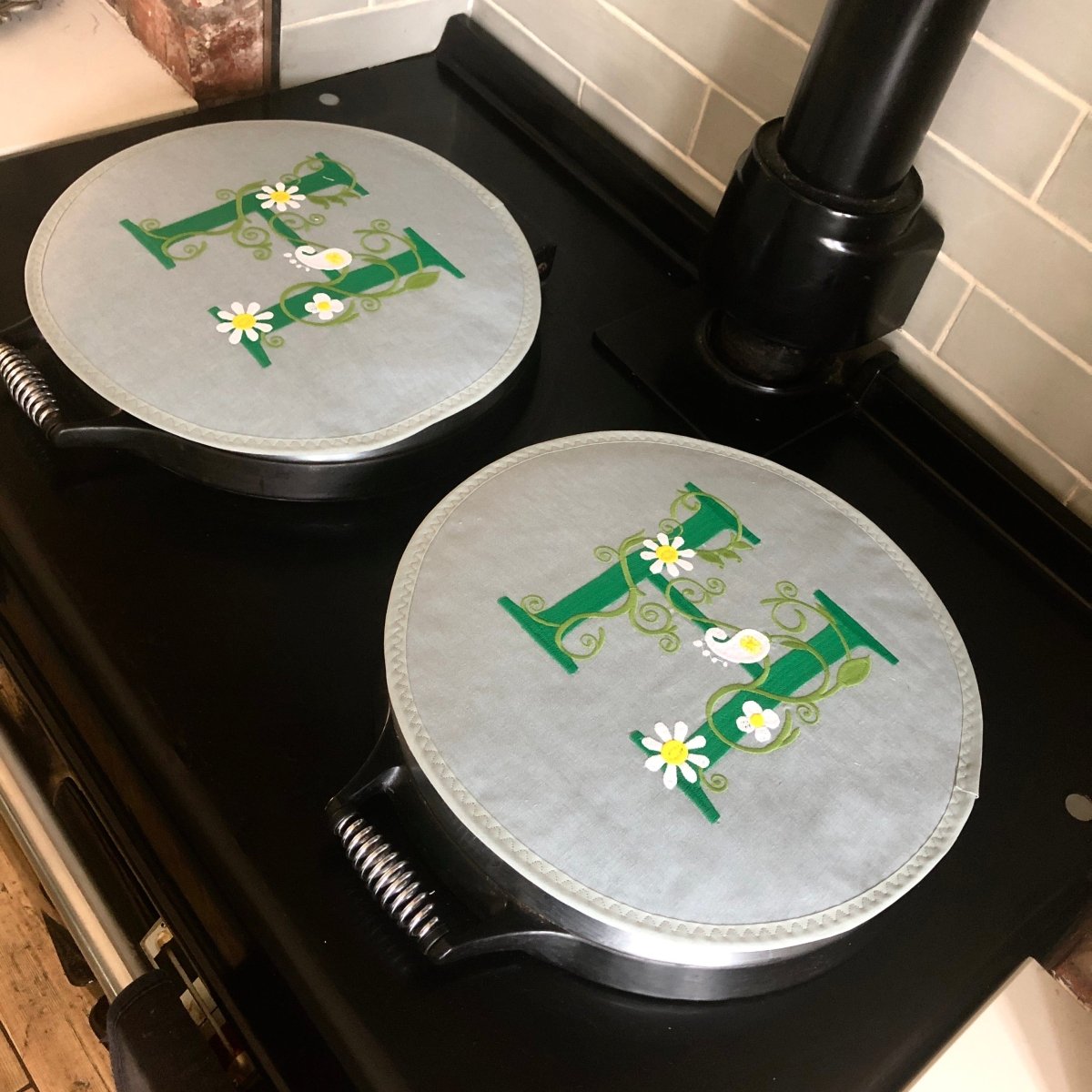 Pair Grey with Green Yellow Floral Monogram Embroidered Aga Chef pads - Linen and Letters