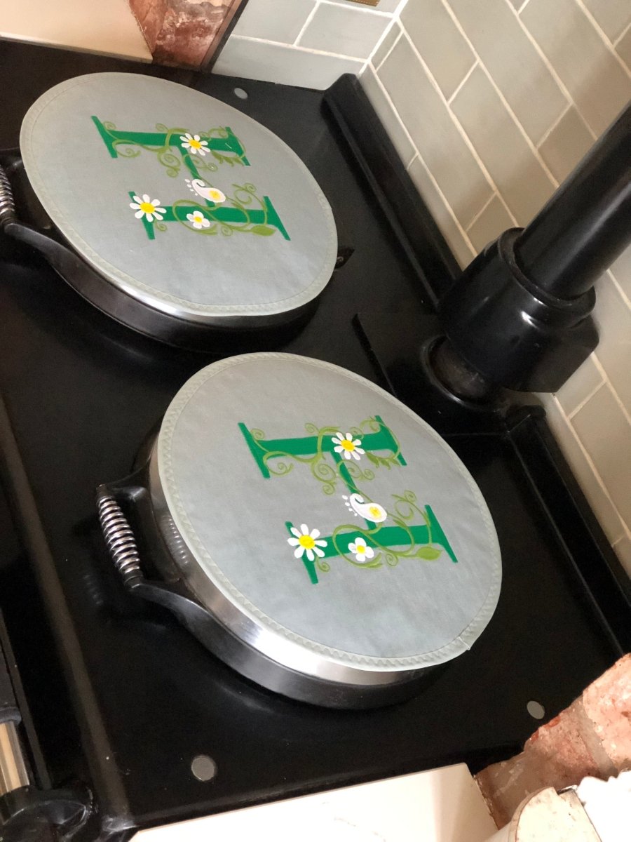 Pair Grey with Green Yellow Floral Monogram Embroidered Aga Chef pads - Linen and Letters