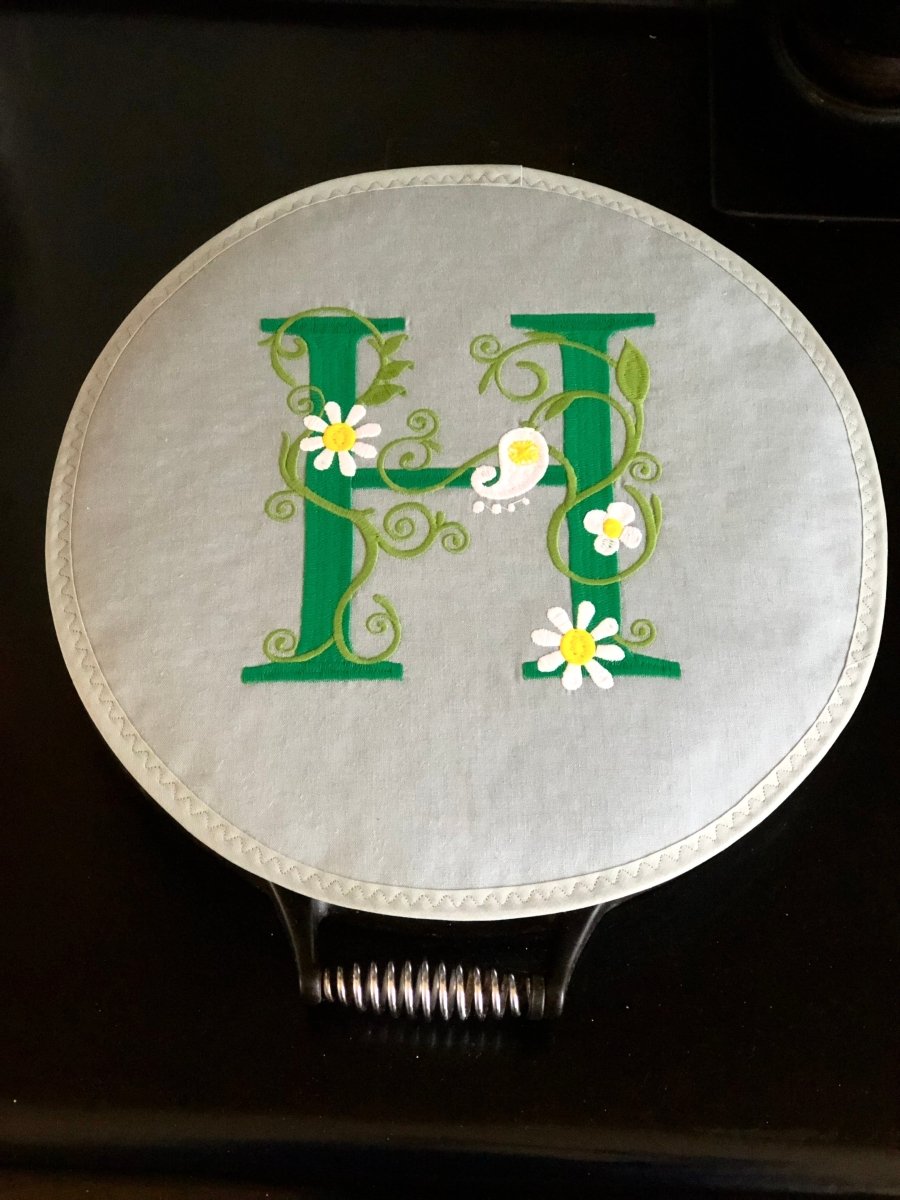 Pair Grey with Green Yellow Floral Monogram Embroidered Aga Chef pads - Linen and Letters