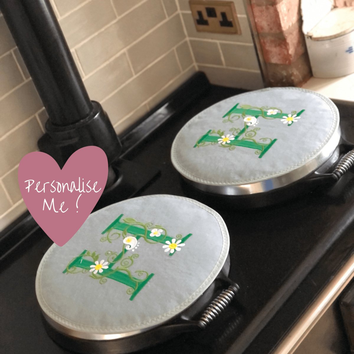 Pair Grey with Green Yellow Floral Monogram Embroidered Aga Chef pads - Linen and Letters