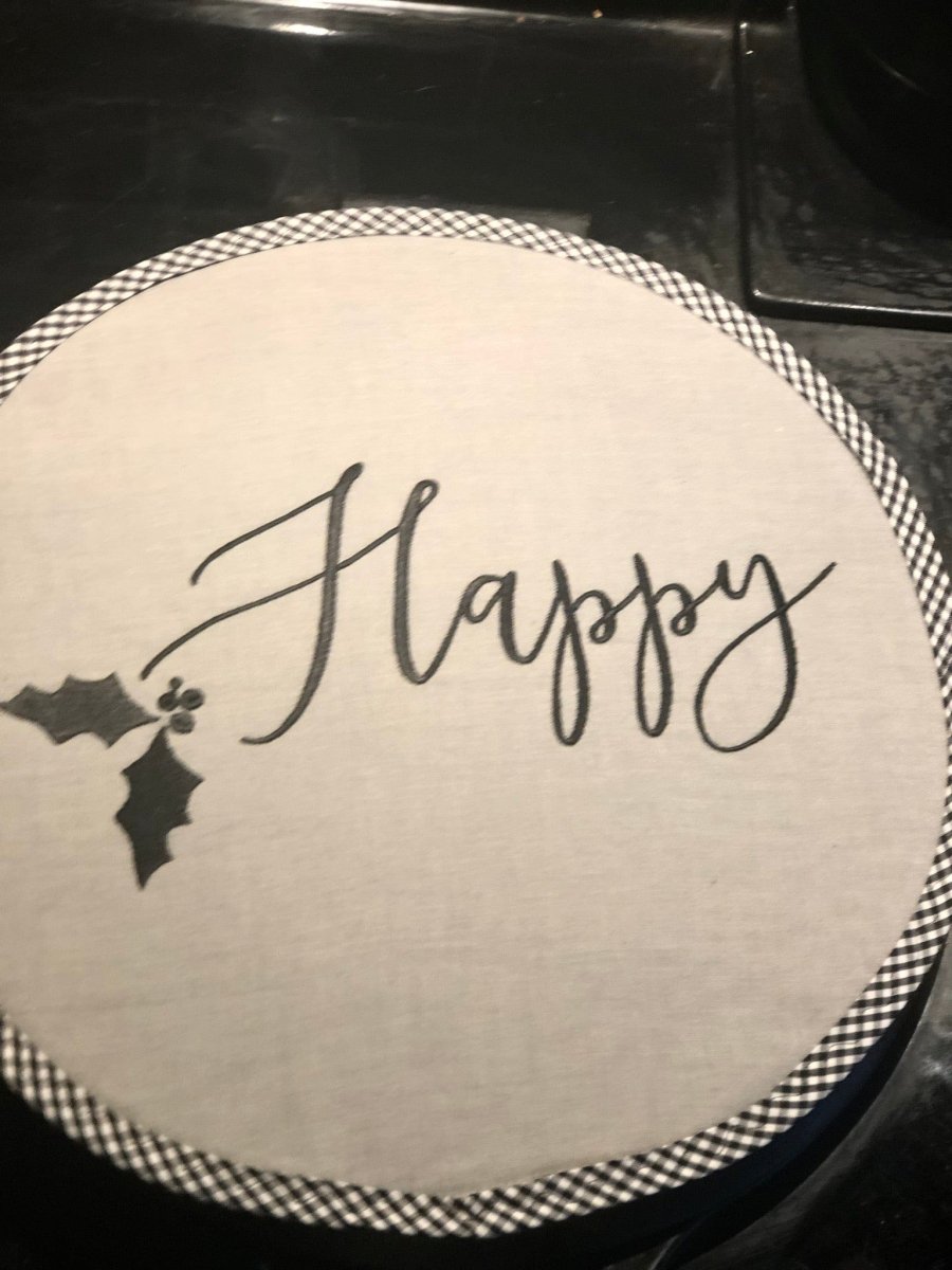 Pair Happy Christmas Black Aga Lid Covers - Linen and Letters