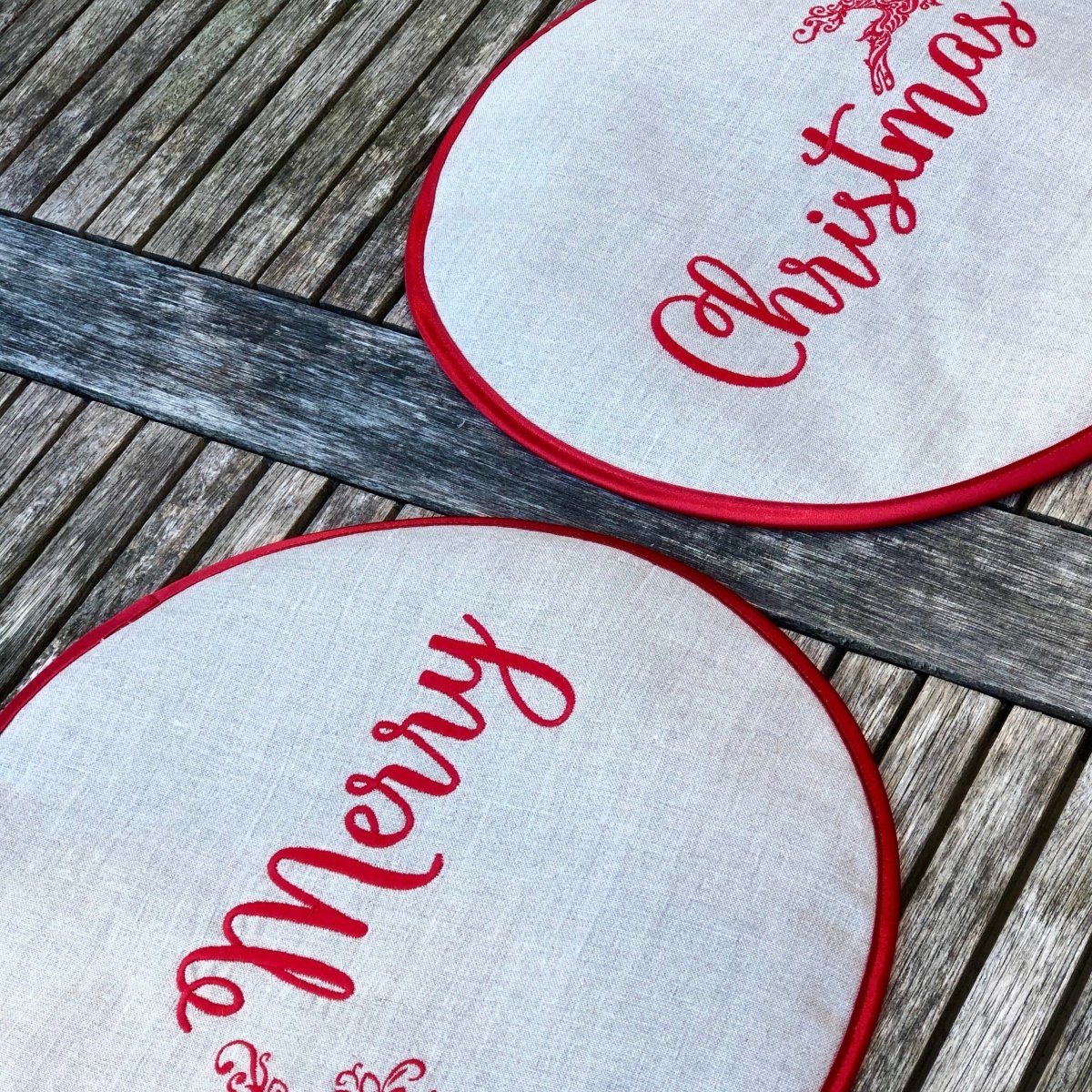 Pair Christmas Aga Chef retailer pads, Red Embroidered Merry Christmas Natural Flax Linen Hot Plate Covers, heat resistant pads