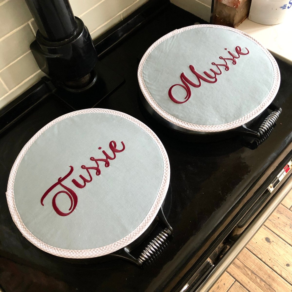 Pair Personalised Bespoke Embroidered Grey Aga Chef pads - Linen and Letters