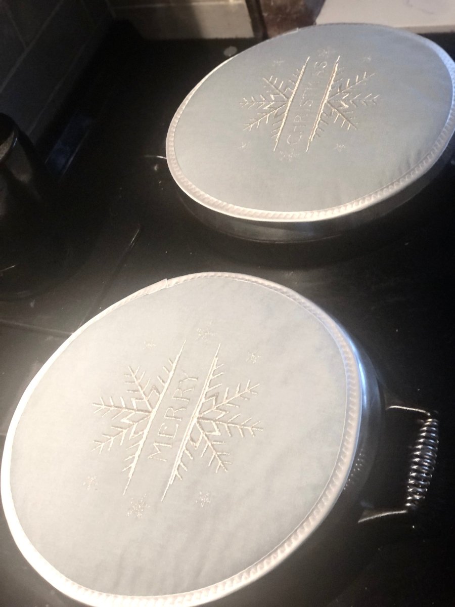 Pair Silver Merry Christmas Snowflake Linen Aga Lid Covers - Linen and Letters