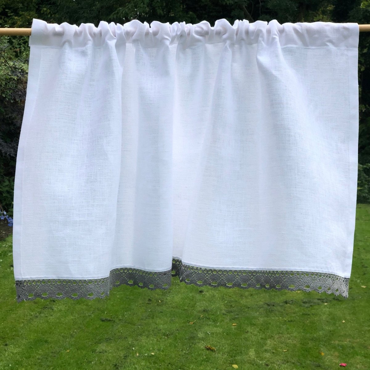 Sankey Pure White Linen Grey Lace Cafe Curtain - Linen and Letters