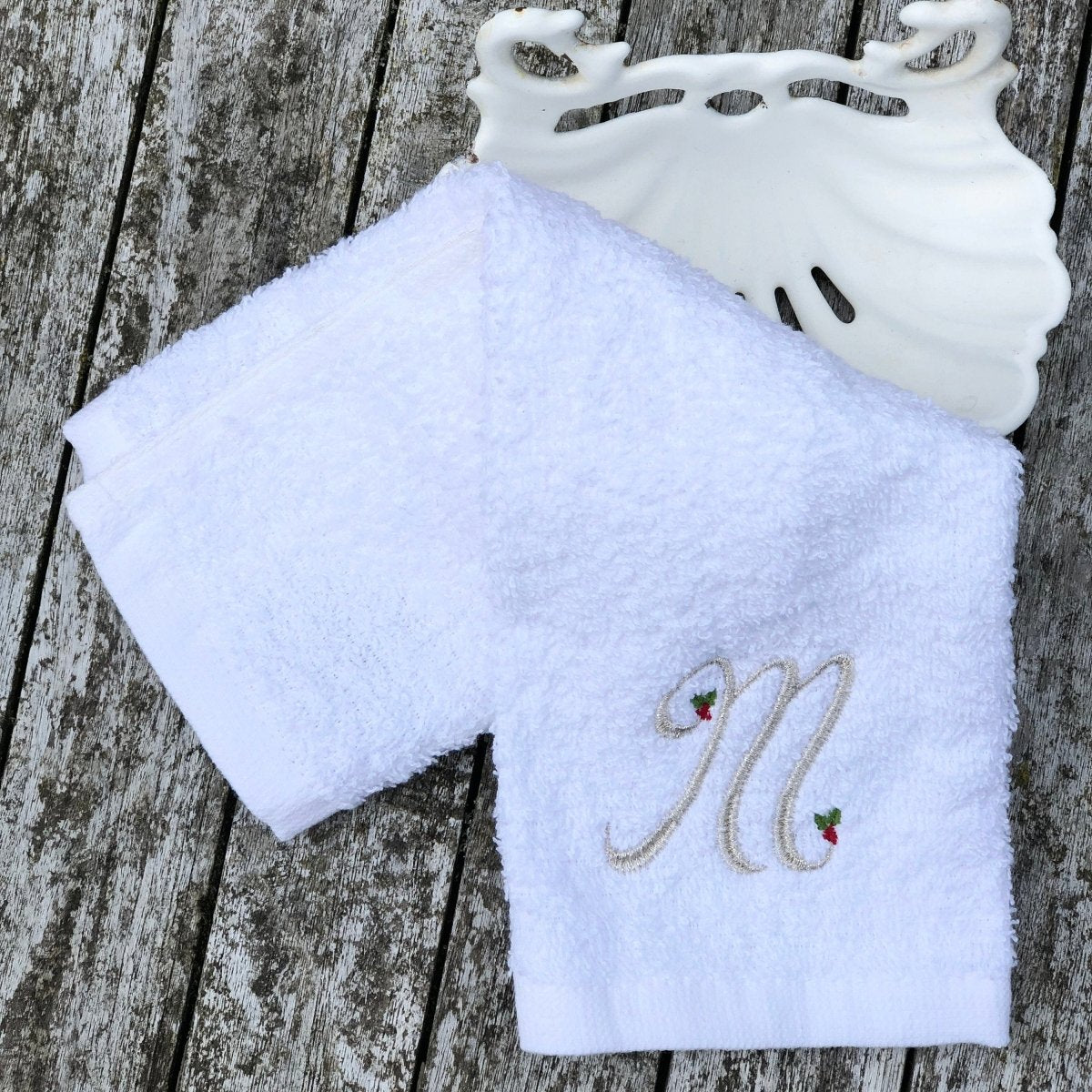 White Hand Towel or Face cloth with Silver Holly Monogram - Linen and Letters