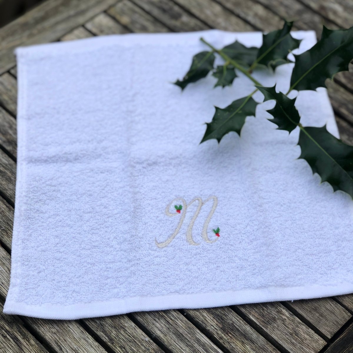White Hand Towel or Face cloth with Silver Holly Monogram - Linen and Letters