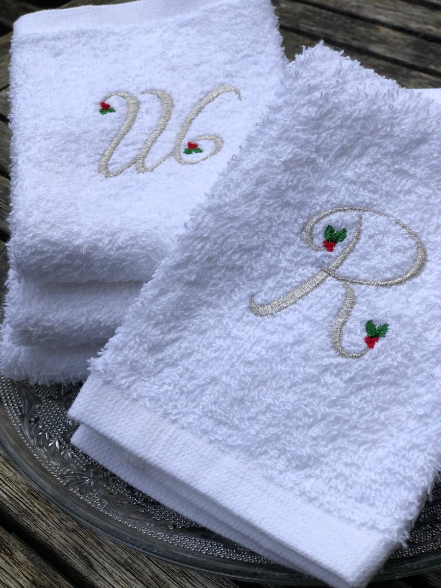 White Hand Towel or Face cloth with Silver Holly Monogram - Linen and Letters