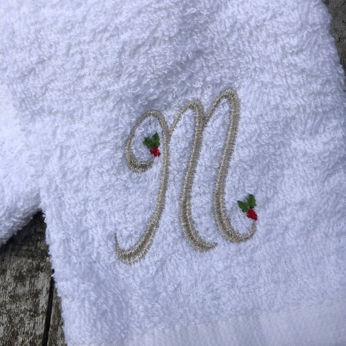 White Hand Towel or Face cloth with Silver Holly Monogram - Linen and Letters