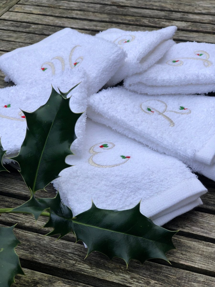 White Hand Towel or Face cloth with Silver Holly Monogram - Linen and Letters