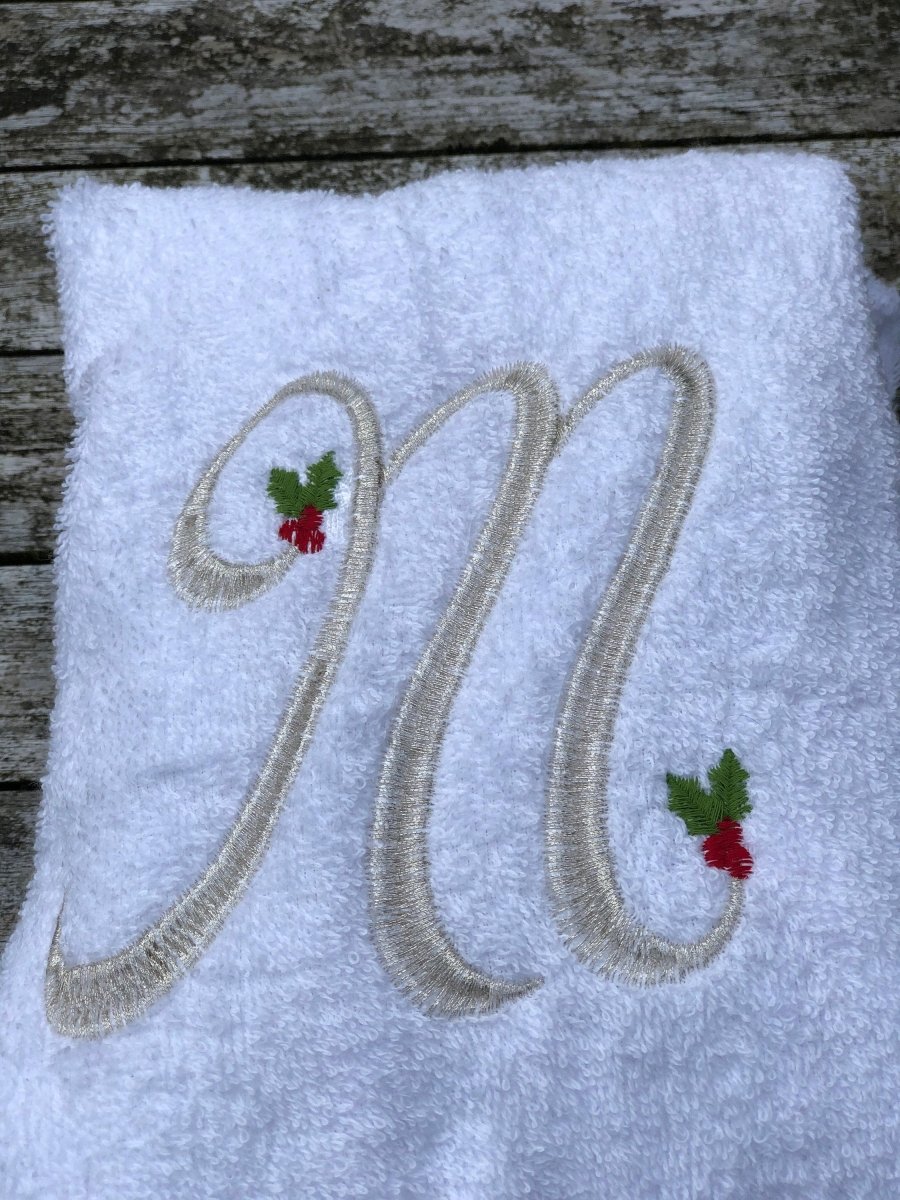 White Hand Towel or Face cloth with Silver Holly Monogram - Linen and Letters