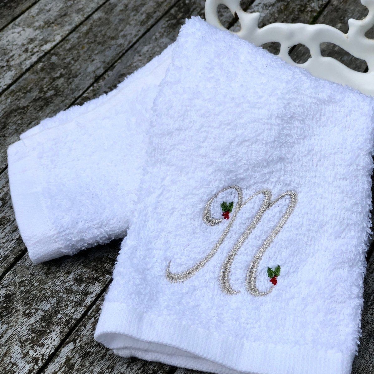 White Hand Towel or Face cloth with Silver Holly Monogram - Linen and Letters