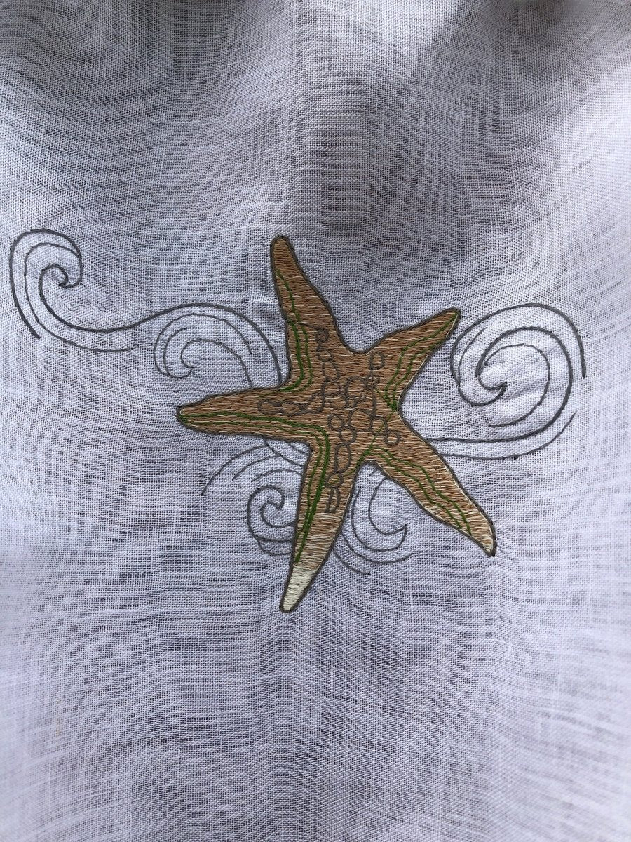 White Linen Bathroom Valance with Starfish Seascape Beach House embroidery - Linen and Letters