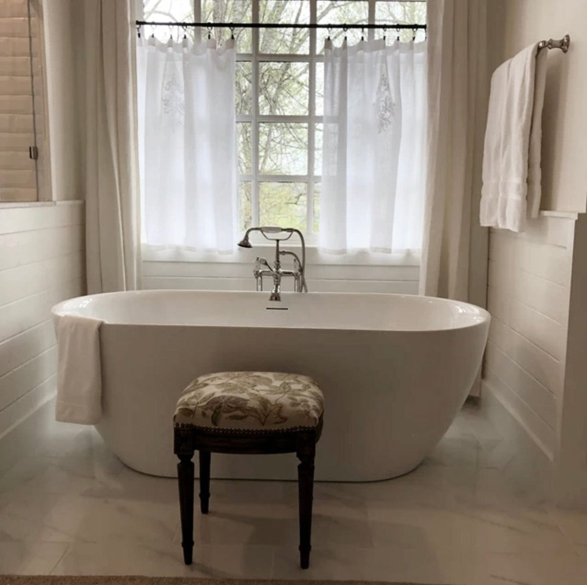 White Linen Embroidered French Vintage Damask Curtain Panel - Linen and Letters