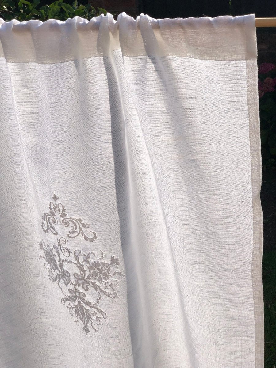 White Linen Embroidered French Vintage Damask Curtain Panel - Linen and Letters