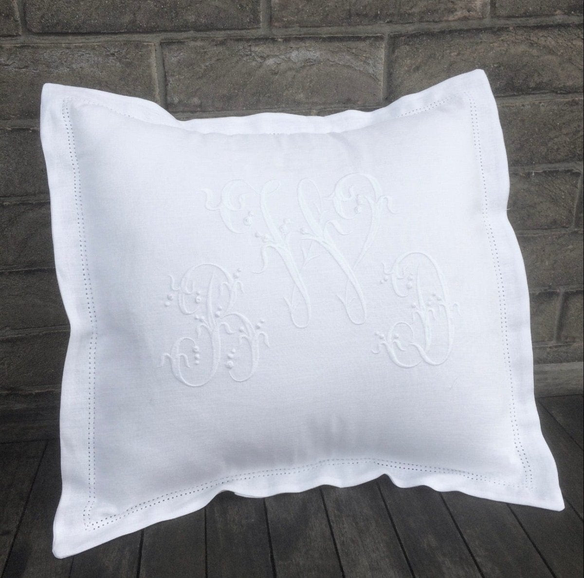 White Linen Hemstitched Embroidered Monogram Boudoir Cushion Cover