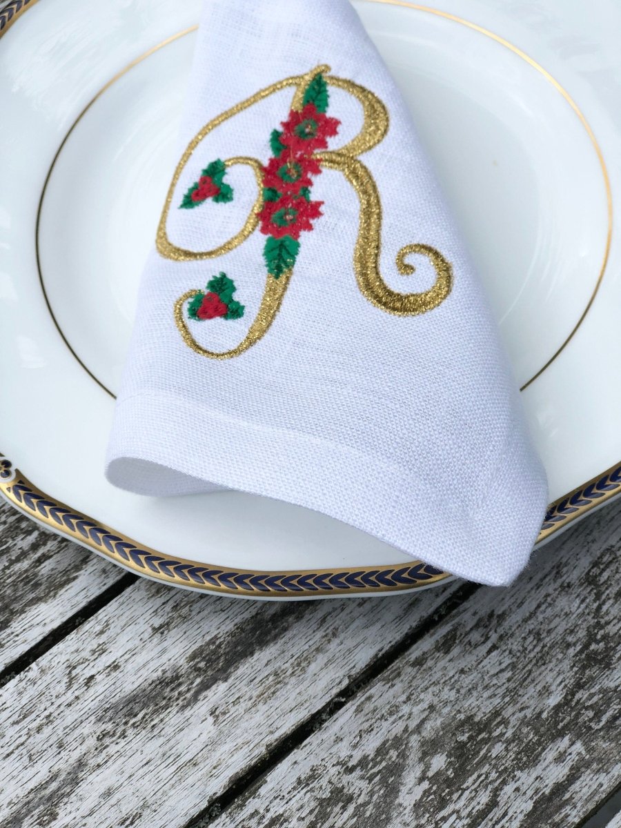 White Linen Poinsettia Christmas Gold Monogram Napkins - Linen and Letters