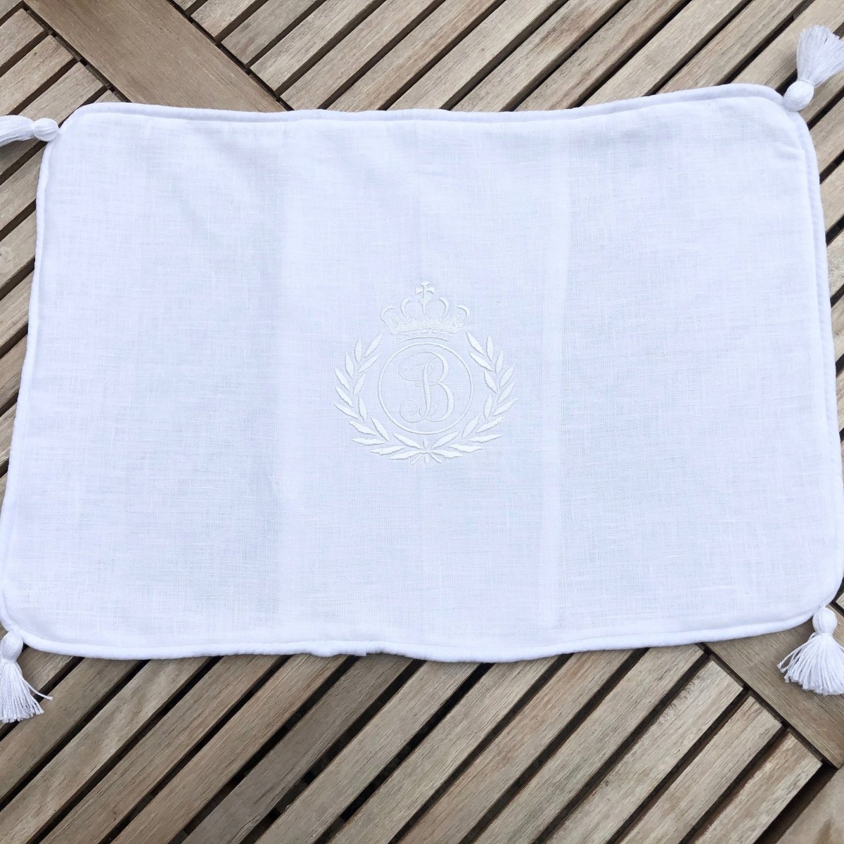 White Linen Tassel Boudoir Pillowcase with Crown Monogram - Linen and Letters