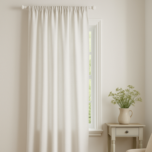 White curtain in a room with a side table and sofa