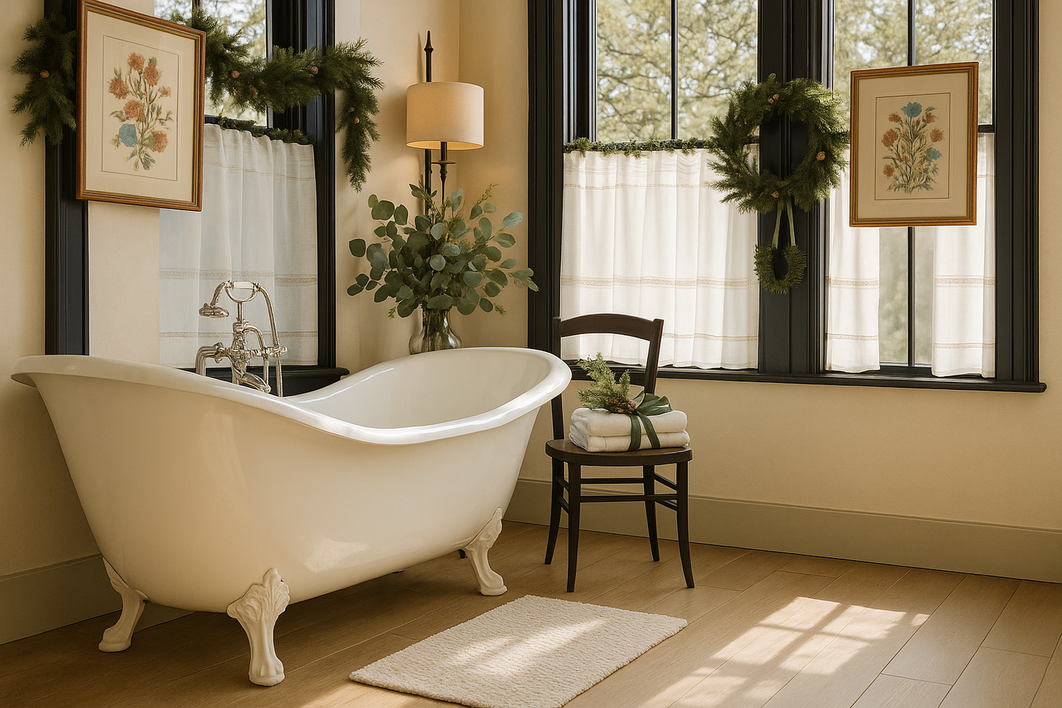 Cream linen cafe curtains hanging in a bathroom with Christmas Accessories And a claw bath 