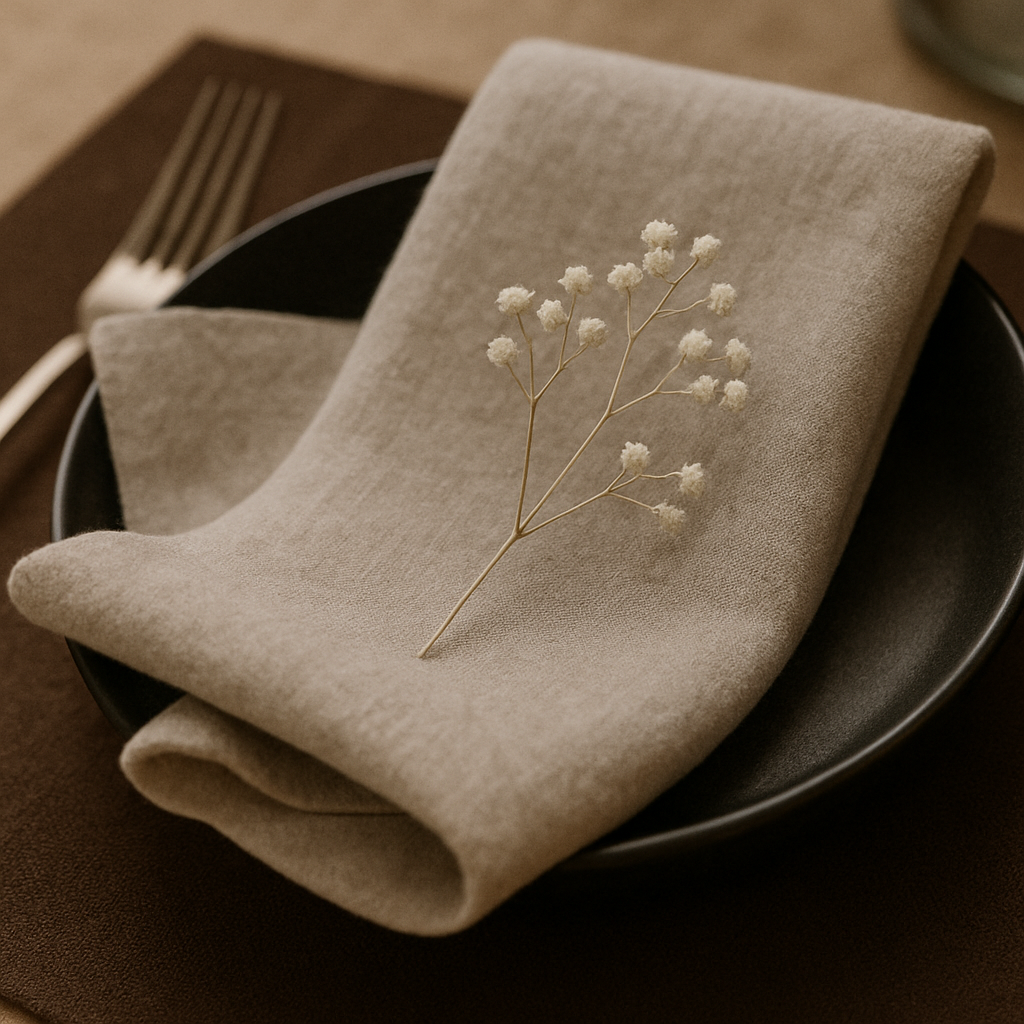Folded natural flax napkin with a small branch of white flowers on a dark plate.