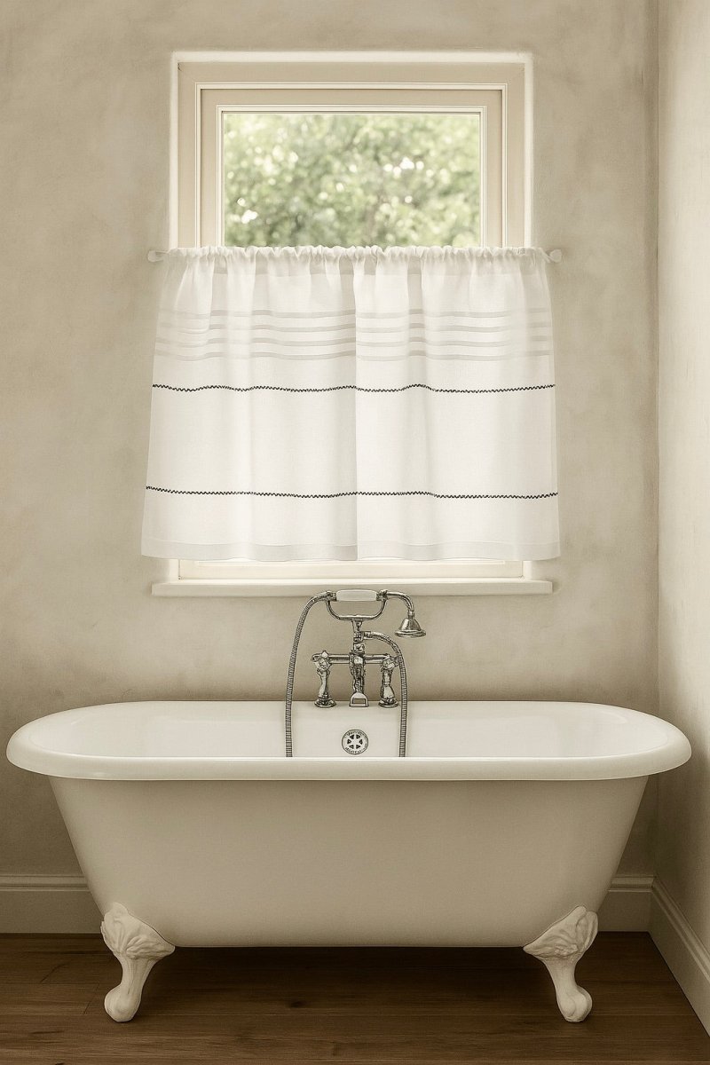 Culcheth White Linen Cafe Curtain with coloured Decorative Stitching - Linen and Letters