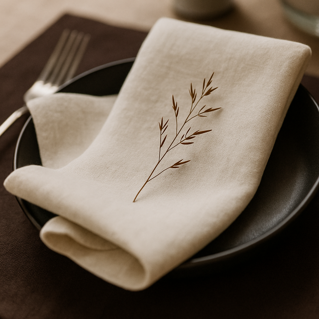Folded cream napkin with a leaf design on a black plate, placed on a brown surface.