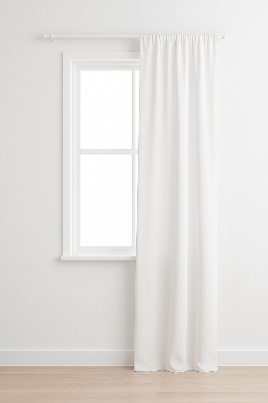 White curtain on a window in a minimalistic room with white walls and wooden floor.