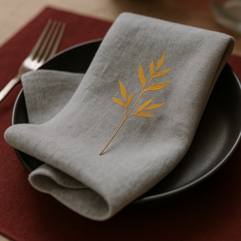 Grey napkin with a gold leaf design on a black plate with a red napkin underneath.