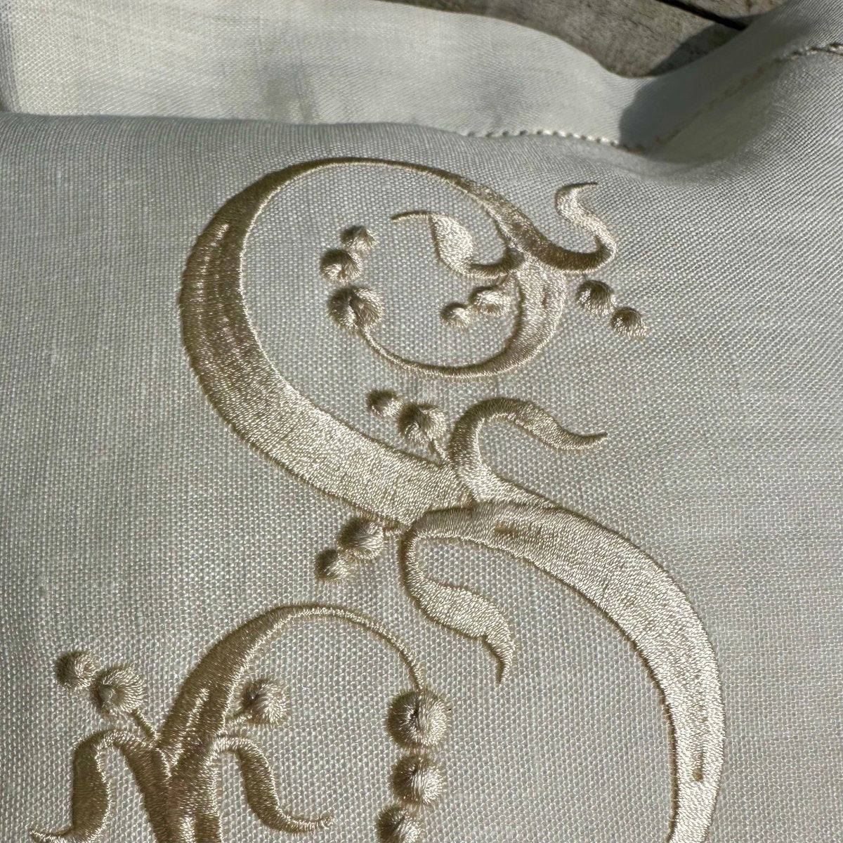 Linen Baby Cushion with Embroidered French Monogram - Linen and Letters