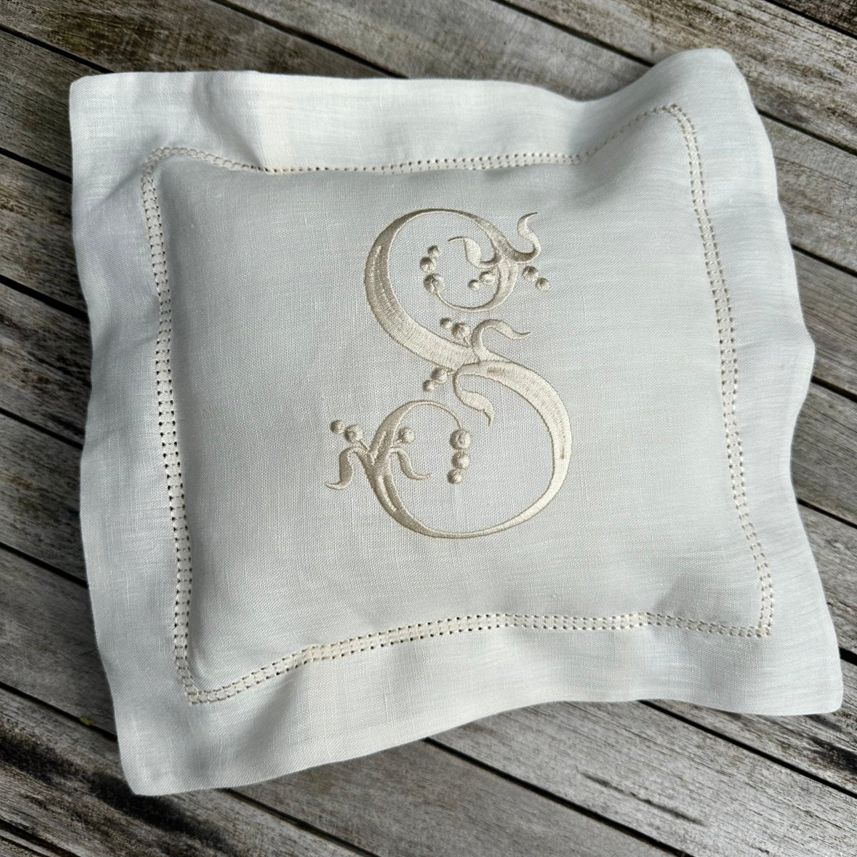 Linen Baby Cushion with Embroidered French Monogram - Linen and Letters