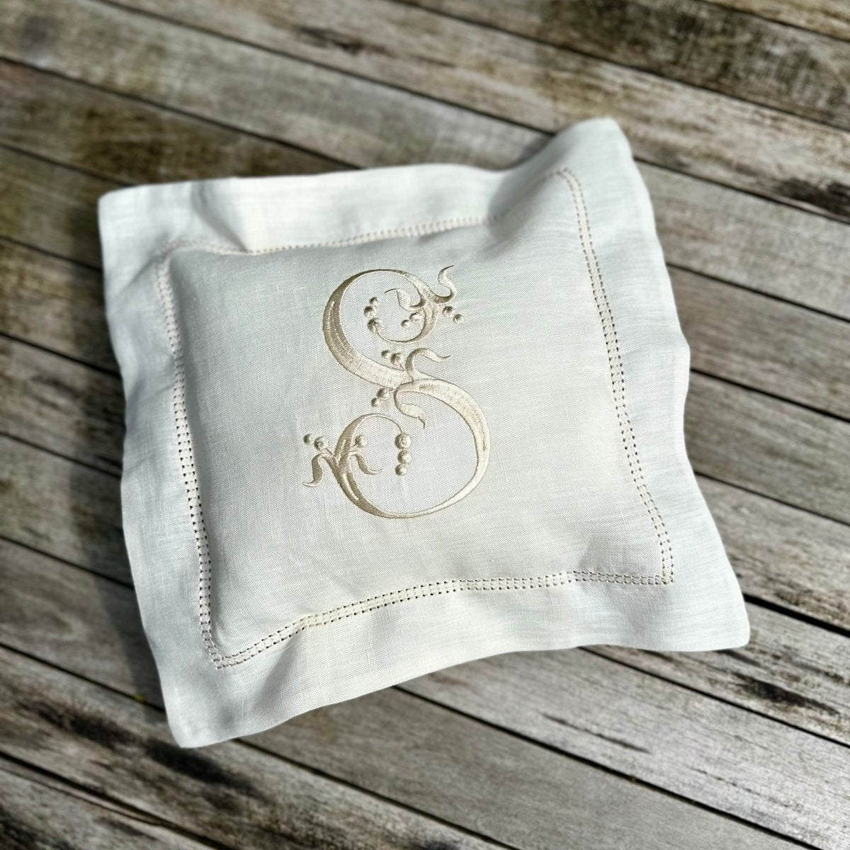 Linen Baby Cushion with Embroidered French Monogram - Linen and Letters