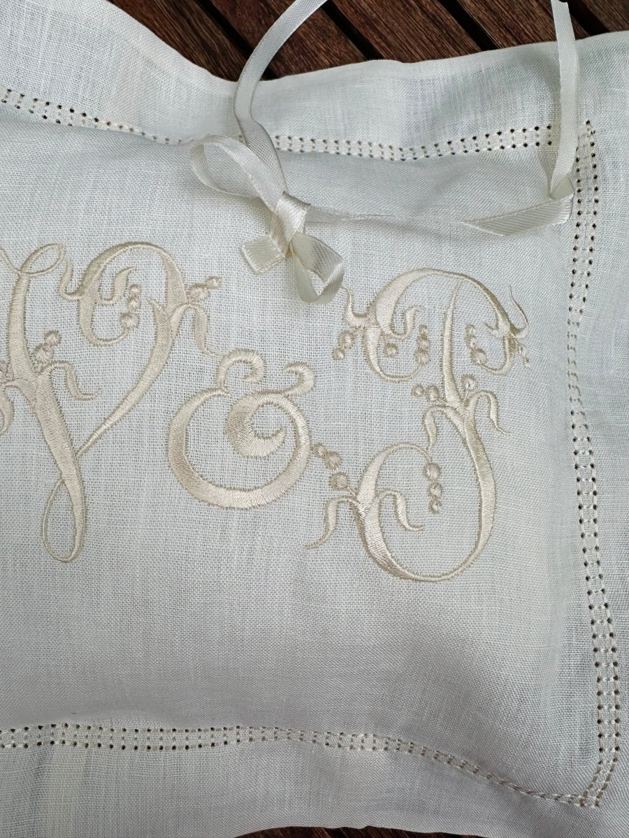 Ring bearer's Pillow Embroidered French Monogram - Linen and Letters